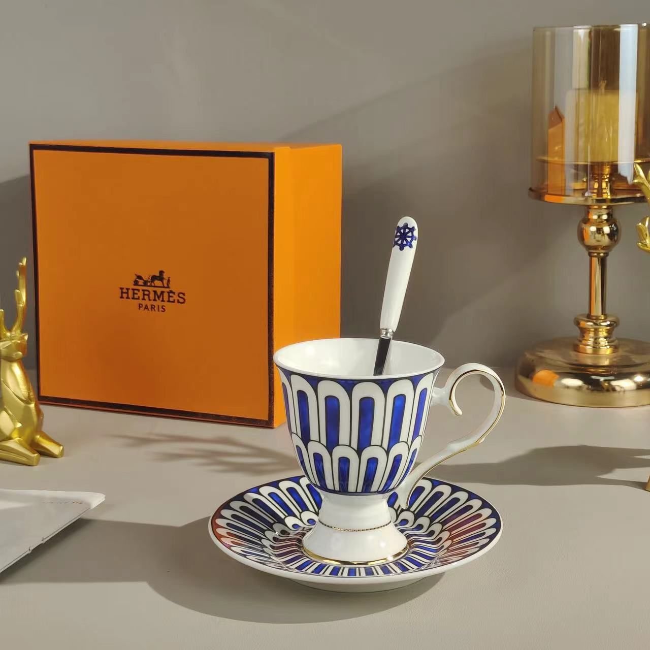 Hermes Bone China Coffee High foot Trophy 3-piece set ðŸ’™ vintage - Image 4 of 6
